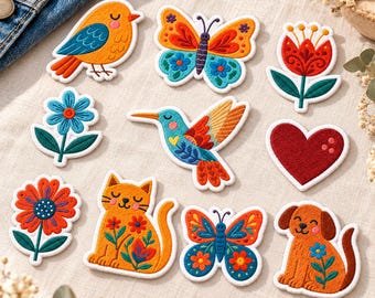 Folk Art Floral Animal Embroidered Patch, Boho Butterfly Iron On Badge, Cottagecore Cat Applique, Denim Jacket Tag
