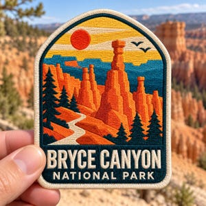 May include: An embroidered patch featuring a landscape of Bryce Canyon National Park with orange hoodoos, a winding path, dark green pine trees, a yellow sky, a red sun, and two birds. The text reads BRYCE CANYON NATIONAL PARK.