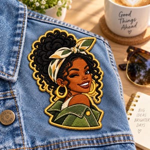 May include: An embroidered patch featuring a person with dark skin, curly black hair, and a green and white patterned headscarf. The person wears gold hoop earrings and a green jacket, winking with a smile. The patch has a yellow border.
