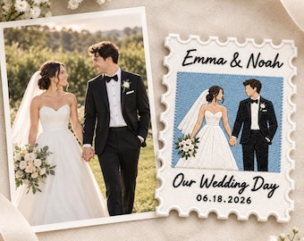 Personalized Wedding Photo Stamp Embroidered Patch, Custom Faceless Portrait Iron On Badge, Bride Groom Applique, Wedding Keepsake Tag