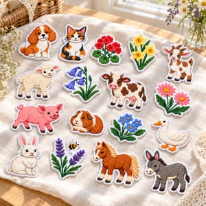 May include: A collection of embroidered fabric patches featuring various animals including a dog, cat, goat, sheep, cow, pig, guinea pig, rabbit, horse, donkey, and duck, alongside floral designs like geraniums, daffodils, bluebells, and lavender.
