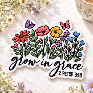 May include: A white embroidered patch featuring a colorful floral arrangement with red, yellow, purple, and blue flowers and two butterflies. The text "grow in grace" is stitched in black cursive, followed by "2 PETER 3:18" in black print.