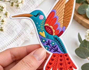 Folk Art Hummingbird Embroidered Patch, Botanical Bird Iron On Badge, Boho Nature Applique, Colorful Animal Decal, Tote Bag Tag