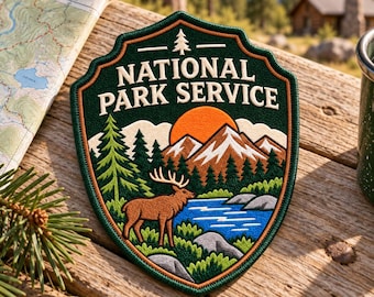 National Park Service Embroidered Patch, Mountain Sunrise Iron On Badge, Elk Wilderness Applique, Hiking Backpack Camping Tag