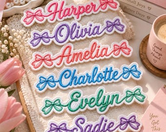 Custom Bow Name Embroidered Patch, Coquette Ribbon Iron On Applique, Personalized Girls Backpack Badge, Baby Shower Gift, Script Name Tag