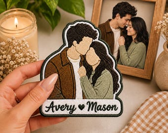 Custom Couple Portrait Embroidered Patch, Personalized Faceless Iron On Badge, Anniversary Gift Applique, Wedding Keepsake, Name Banner