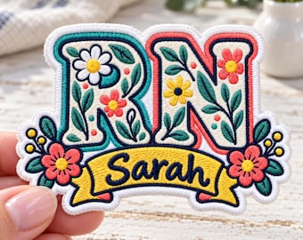 Personalized Floral RN Embroidered Patch, Custom Nurse Name Iron On Badge, Botanical Healthcare Applique, Lanyard Tag