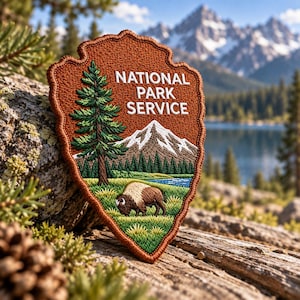 May include: A shield-shaped embroidered patch featuring the text NATIONAL PARK SERVICE in white. The design depicts a green pine tree, a snow-capped mountain range, a blue stream, and a brown bison grazing in a grassy field on a rust-colored background.