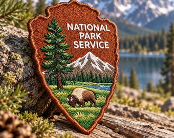 National Park Service Embroidered Patch, Vintage Arrowhead Bison Mountain Iron On Badge, Outdoor Hiking Backpack Souvenir Label, Bison Tag