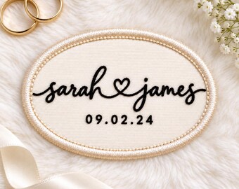 Personalized Wedding Date Embroidered Patch, Custom Couple Name Iron On Badge, Bridal Anniversary Applique, Keepsake Tag