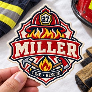 May include: An embroidered patch featuring a central red banner with the name MILLER in cream letters. Above is a red firefighter helmet with the number 27, and below are crossed axes and a flame icon. The text FIRE RESCUE appears at the bottom.