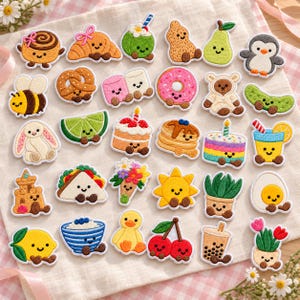 May include: A collection of thirty embroidered iron-on patches featuring various cute characters and food items, including a penguin, a bee, a donut, a cactus, a slice of lime, a birthday cake, a taco, a sun, a duck, and a cherry pair.
