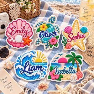May include: Five embroidered patches featuring beach themes and names. The top row shows a pink seashell with Emily, a blue sea turtle with Oliver, and a yellow starfish with Sophia. The bottom row shows a blue wave with Liam and a sunset beach scene with Isabella.