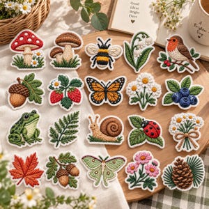 May include: A collection of twenty embroidered patches featuring nature-themed designs including mushrooms, a bee, lily of the valley, a robin, an acorn, strawberries, a butterfly, daisies, blueberries, a frog, a fern, a snail, a ladybug, a maple leaf, a moth, flowers, and a pinecone.