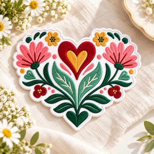 Folk Art Heart Embroidered Patch, Scandinavian Floral Iron On Badge, Boho Love Applique, Cottagecore Decal, Valentine Tote Tag