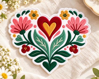 Folk Art Heart Embroidered Patch, Scandinavian Floral Iron On Badge, Boho Love Applique, Cottagecore Decal, Valentine Tote Tag