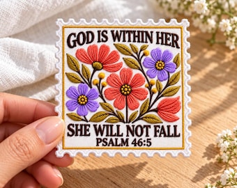God Is Within Her Embroidered Patch, Psalm 46:5 Iron On Badge, Christian Bible Verse Applique, Floral Stamp Tote Bag Tag