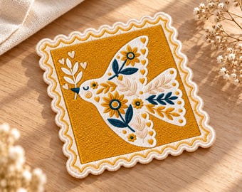 Folk Art Dove Embroidered Patch, Peace Bird Iron On Badge, Mustard Floral Holy Spirit Applique, Christian Faith Gift, Vintage Stamp Tag