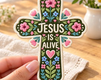 Jesus Is Alive Cross Embroidered Patch, Floral Christian Iron On Badge, Religious Easter Applique, Botanical Bible Bag Tag