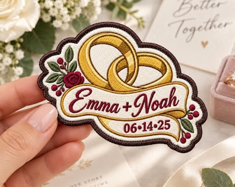 Custom Couple Name Embroidered Patches, Interlocking Wedding Rings Iron On Badge, Floral Ribbon Anniversary Date Applique, Bridal Jacket Tag