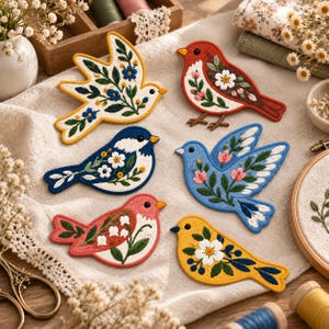 May include: Six embroidered bird patches featuring various floral patterns. The collection includes a white bird with blue flowers, a red bird with white blossoms, a blue bird with white flowers, a flying blue bird, a pink bird with lily of the valley, and a yellow bird with white flowers.