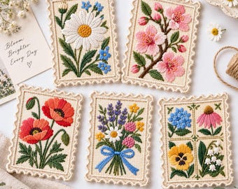 Botanical Stamp Embroidered Patch, Vintage Floral Postage Iron On Badge, Wildflower Applique, Nature Garden Backpack Tag