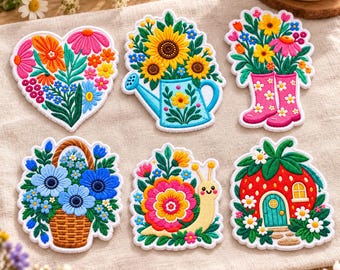 Cottagecore Floral Garden Embroidered Patch, Strawberry House Snail Iron On Badge, Fairy House Applique, Sunflower Decal, Nature Tote Tag