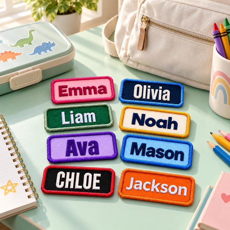 May include: A collection of eight rectangular embroidered name patches in various colors including pink, dark blue, green, cream, purple, light blue, black, and orange, each featuring a white or dark name stitched in a bold, sans-serif font.