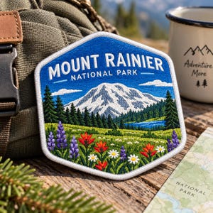 May include: A hexagonal embroidered patch featuring a landscape of Mount Rainier National Park. The design shows a snow-capped mountain, a blue lake, evergreen trees, and a meadow filled with purple, red, and white wildflowers. The text reads MOUNT RAINIER NATIONAL PARK.