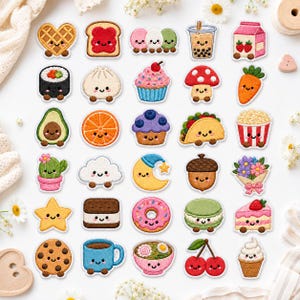 May include: A collection of thirty embroidered patches featuring various food and nature items, each with a smiling face. The designs include a waffle, toast, boba tea, sushi, cupcake, mushroom, carrot, avocado, orange, taco, popcorn, cactus, cloud, moon, acorn, flowers, star, sandwich, donut, macaron, cake, cookie, mug, ramen, cherries, and ice cream.