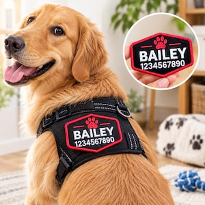 May include: A black dog harness featuring a hexagonal patch with a red border, a red paw print icon, and the white text BAILEY followed by the number 1234567890. A matching patch is shown in a circular inset, highlighting the embroidered details.