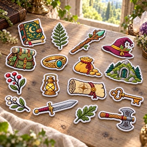 May include: A collection of embroidered patches featuring a green book, fern leaf, wooden staff, purple hat, green backpack, gold ring, coin pouch, cave entrance, berry sprigs, lantern, scroll, key, sword, oak leaf, and a double-headed axe.