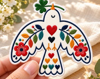Folk Art Dove Embroidered Patch, Botanical Peace Bird Iron On Badge, Clover Heart Applique, Christian Faith Decal, Cottagecore Tag
