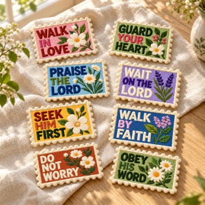 May include: Eight rectangular embroidered patches with scalloped edges, each featuring floral designs and text: Walk in Love, Guard Your Heart, Praise the Lord, Wait on the Lord, Seek Him First, Walk by Faith, Do Not Worry, and Obey His Word.