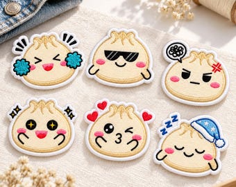 Kawaii Dumpling Embroidered Patch Set, Cute Bao Bun Emoji Iron On Badge, Funny Food Applique, Kids Backpack Tag