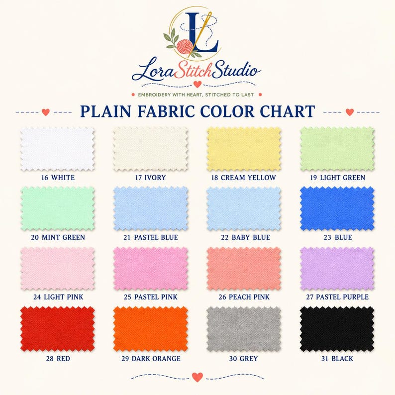 May include: A LoraStitchStudio plain fabric color chart featuring sixteen rectangular swatches with pinked edges. Colors include white, ivory, cream yellow, light green, mint green, pastel blue, baby blue, blue, light pink, pastel pink, peach pink, pastel purple, red, dark orange, grey, and black, each labeled with a number.