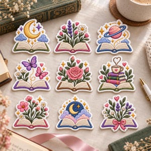 May include: Nine embroidered patches featuring open books with various designs including a yellow crescent moon, purple lavender, a pink planet, purple butterflies, a pink rose, a stack of books with a coffee cup, pink flowers, a night sky, and a floral bouquet.