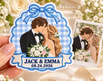 Personalized Wedding Photo Embroidered Patch, Custom Faceless Couple Iron On Badge, Gingham Bow Applique, Anniversary Keepsake Tag