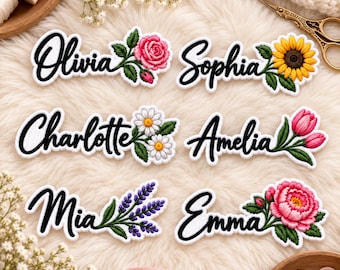 Custom Name Floral Embroidered Patch, Personalized Botanical Iron On Badge, Birth Flower Flower Name Tag, Bridesmaid Tote Bag, Kids Backpack
