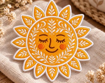 Celestial Sun Embroidered Patches, Boho Botanical Sunshine Iron On Badge, Vintage Face Applique, Cottagecore Denim Jacket Tag