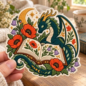 Floral Dragon Embroidered Patch, Book and Crescent Moon Iron On Patch, Fantasy Reader Applique for Tote Bags and Denim Jackets