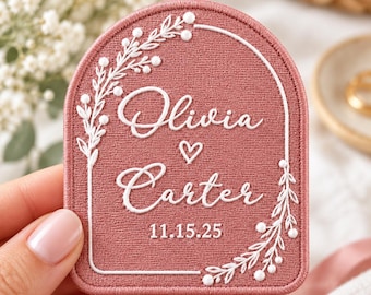 Custom Couple Name Embroidered Patches, Personalized Wedding Date Iron On Badge, Arch Floral Applique, Bride Denim Jacket Tag