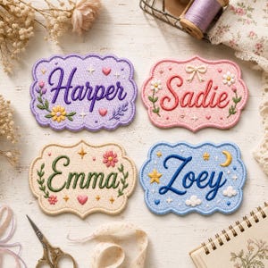 May include: Four rectangular embroidered patches with scalloped edges featuring the names Harper in purple, Sadie in red, Emma in green, and Zoey in blue. Each patch includes decorative floral, heart, star, moon, and cloud embroidery motifs.