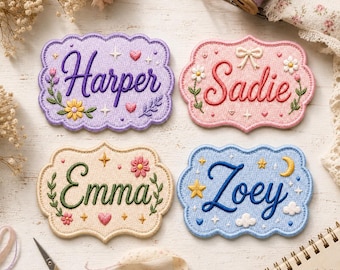 Custom Scalloped Name Embroidered Patch, Personalized Coquette Floral Iron On Badge, Cute Celestial Moon Applique, Baby Girl Backpack Label