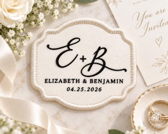 Custom Initials Wedding Date Embroidered Patch, Minimalist Couple Monogram Iron On Badge, Elegant Bridal Applique