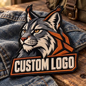 May include: An embroidered patch featuring a stylized lynx head with grey, white, and orange fur details. Below the lynx, a rectangular black banner with an orange border displays the white text CUSTOM LOGO in a bold, sans-serif typeface.