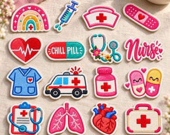 Medical Nurse Embroidered Patch Set, Cute Healthcare Iron On Badge Collection, RN Hospital Applique, Scrub Lanyard Tag