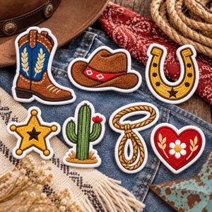 May include: A collection of seven embroidered patches featuring western-themed designs including a brown cowboy boot with blue accents, a brown hat, a yellow horseshoe, a yellow sheriff star, a green cactus, a tan lasso, and a red heart with a flower.