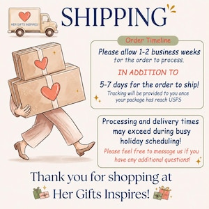 May include: An illustration of a person carrying two stacked brown cardboard boxes with red heart icons. A delivery truck with a heart icon and the text HER GIFTS INSPIRES is shown. The text reads SHIPPING, Order Timeline, and Thank you for shopping at Her Gifts Inspires!