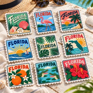 May include: A set of nine square embroidered patches with scalloped edges, each featuring the word FLORIDA and various designs including seashells, a flamingo, a sunset, palm trees, a map, oranges, alligators, and hibiscus flowers.